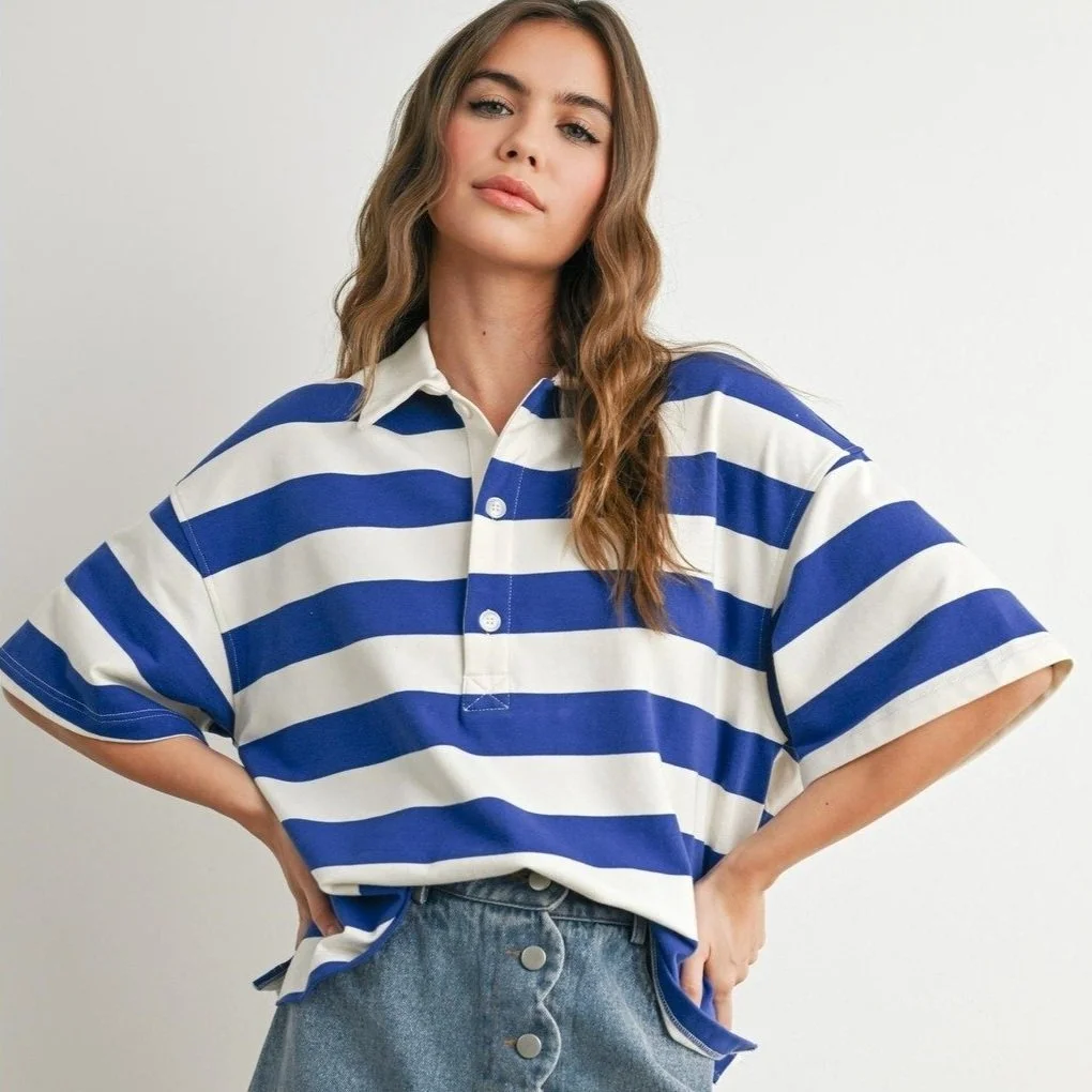 Oversized Collared Polo Shirt Royal Stripe