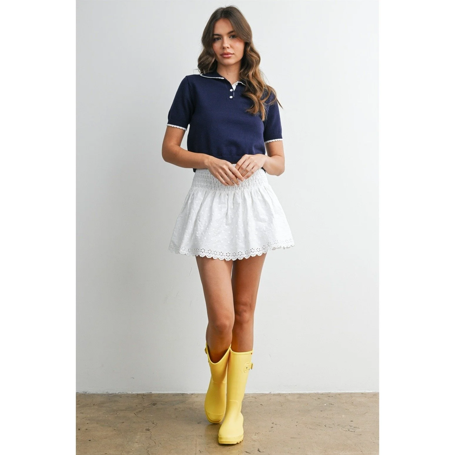 Scalloped Trim Knit Polo Navy