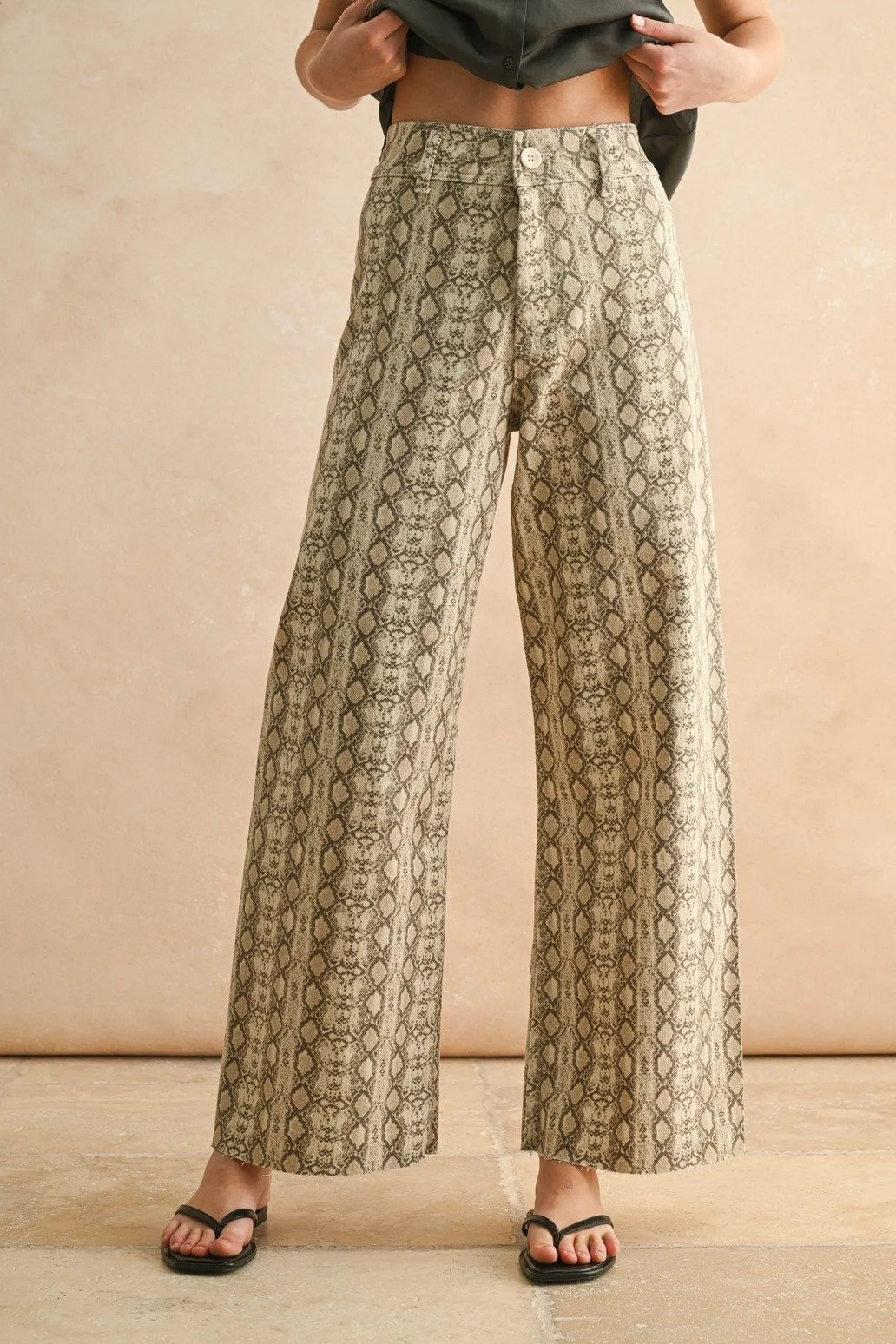 Snake Print Wide Leg Jeans Taupe
