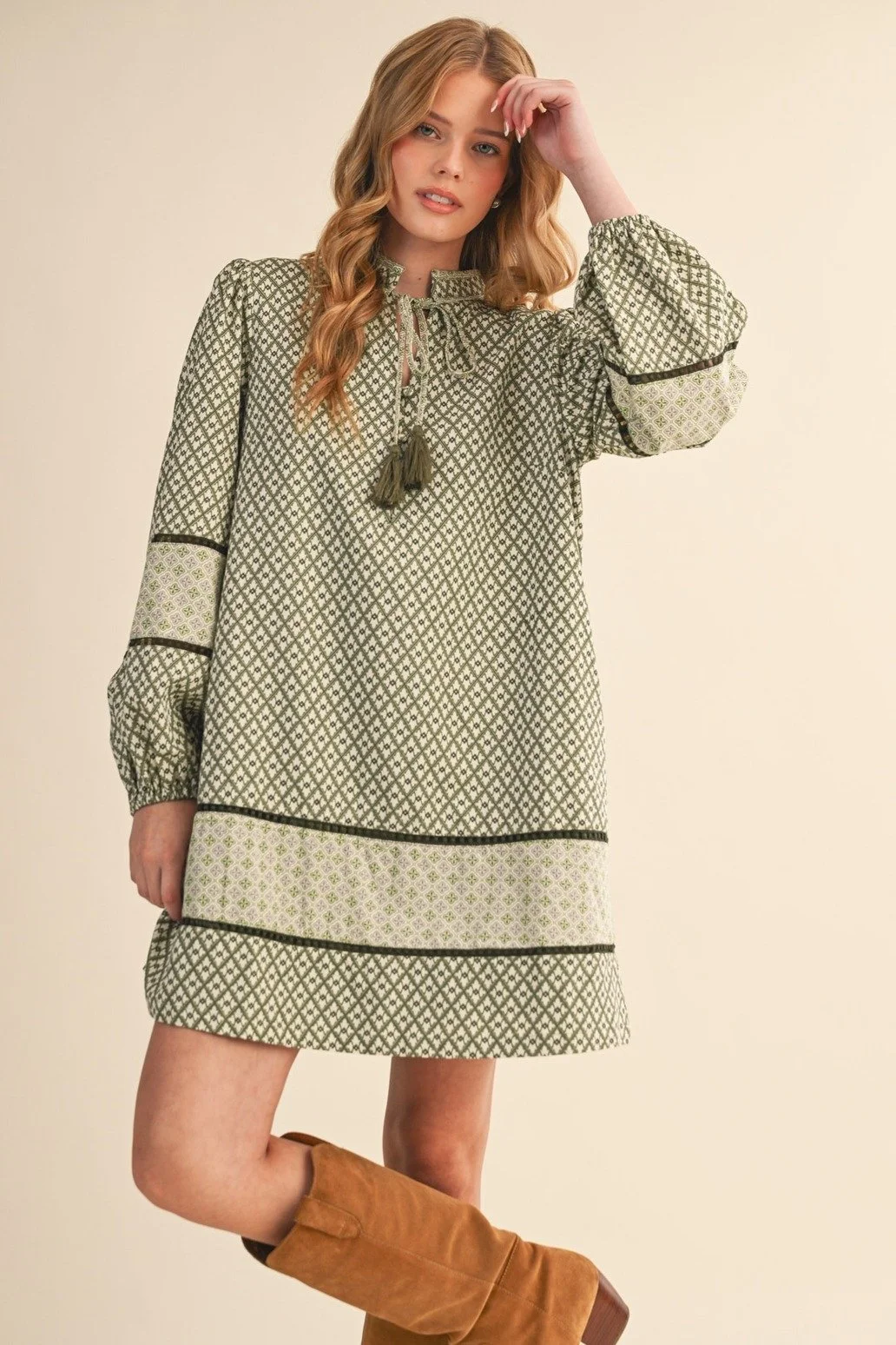 Tie Collar Mini Shift Dress Sage Olive Print