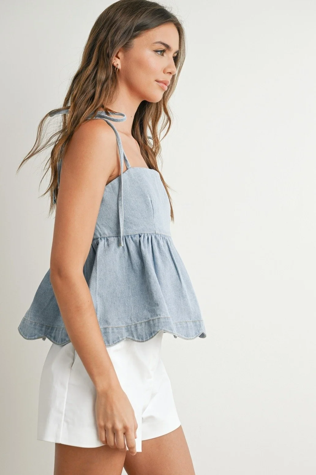 Scalloped Tie Strap Babydoll Top Denim