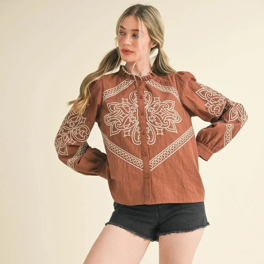 Western Embroidered Puff Sleeve Button Blouse Rust