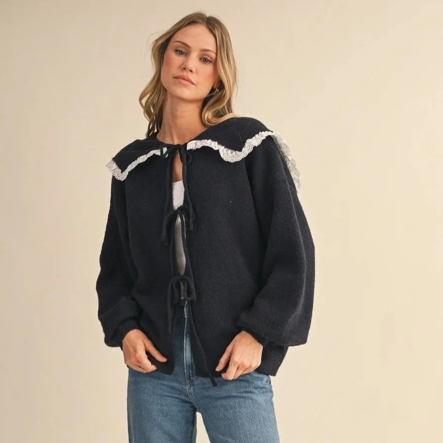 Lace Trim Tie Front Collared Cardigan Navy