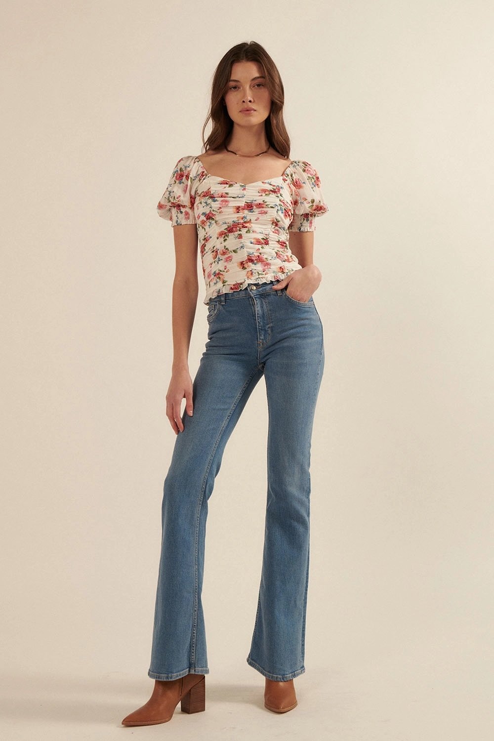 Sweetheart Ruched Blouse Cream Floral