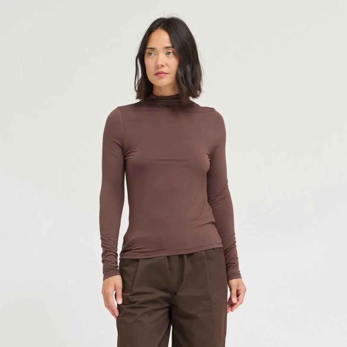 Basic Modal Turtleneck Top Ash Brown
