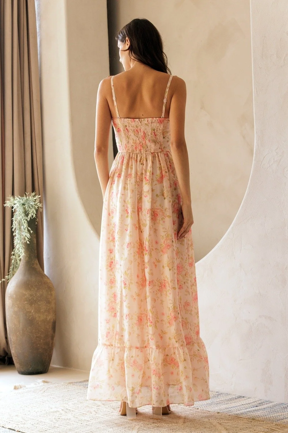 Ruffled Corset Maxi Dress Apricot Floral