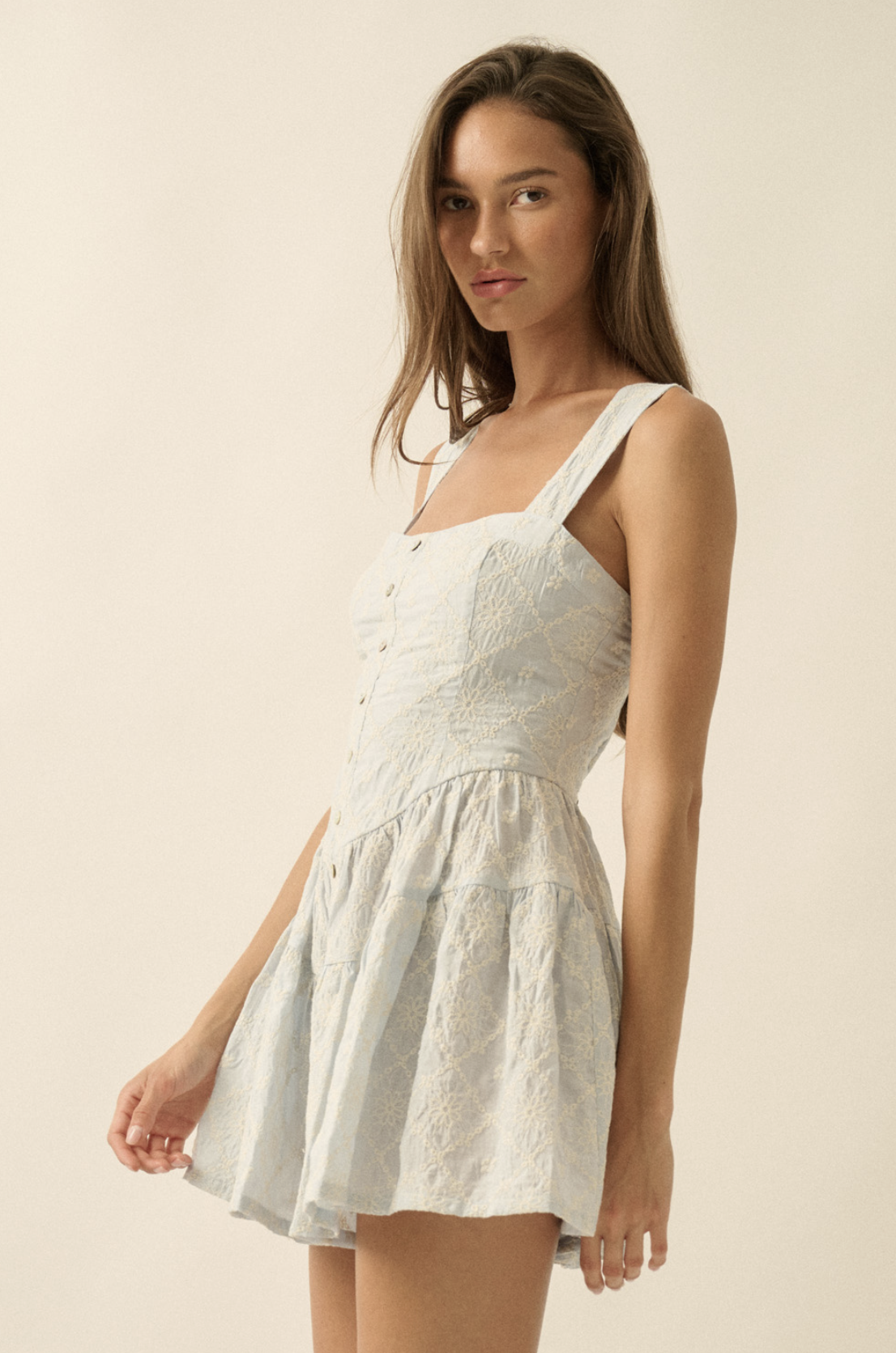 Floral Embroidered Tiered Corset Romper Light Chambray