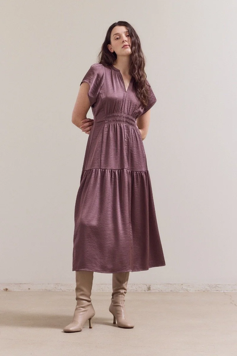 Cap Sleeve Tiered Satin Midi Dress Aubergine