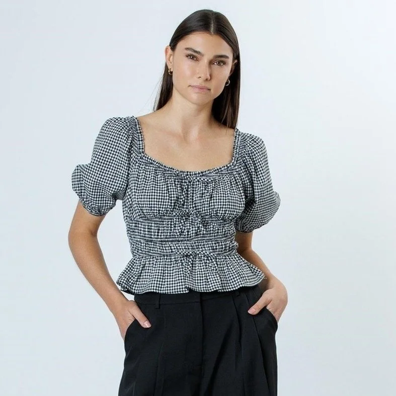 Puff Sleeve Peplum Top Black & White Gingham