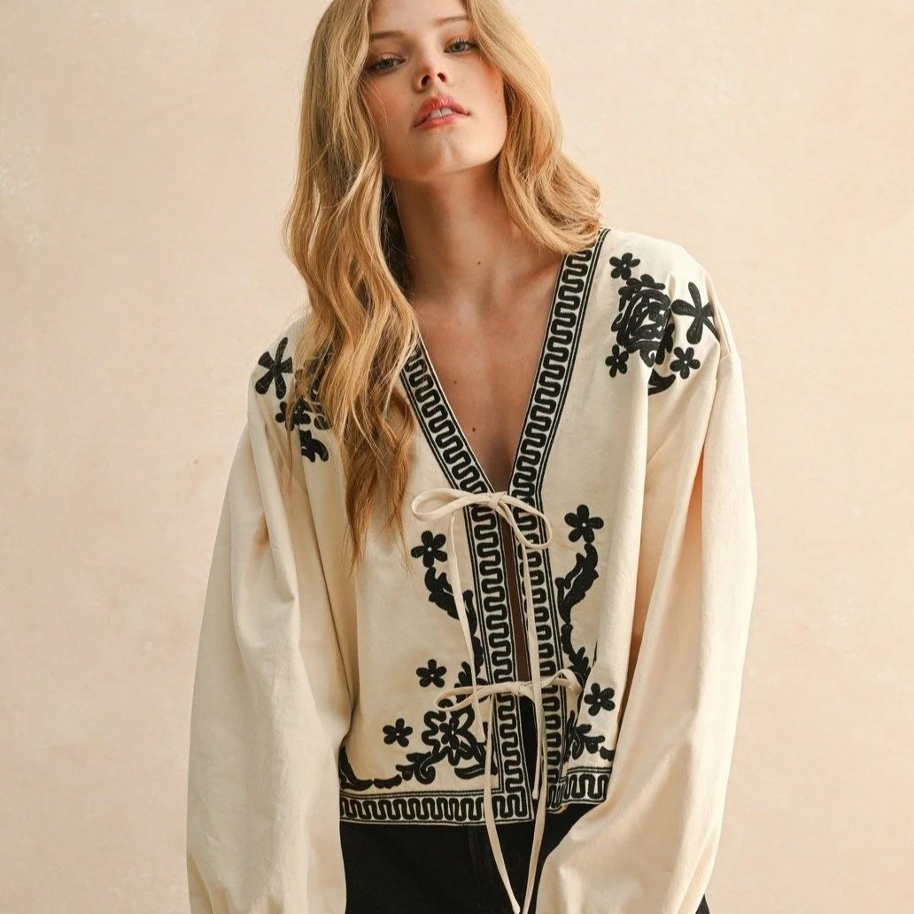 Floral Embroidered Tie Front Jacket Ecru