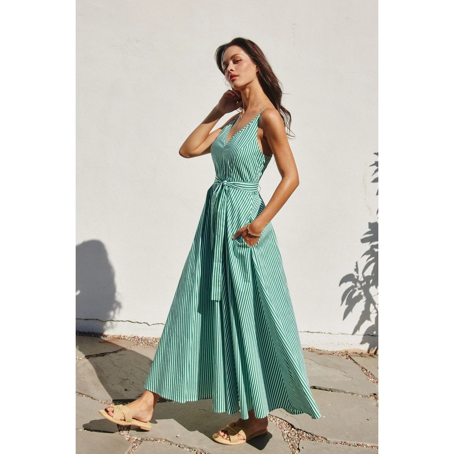 V-neck Midi Sundress Kelly Green Stripe