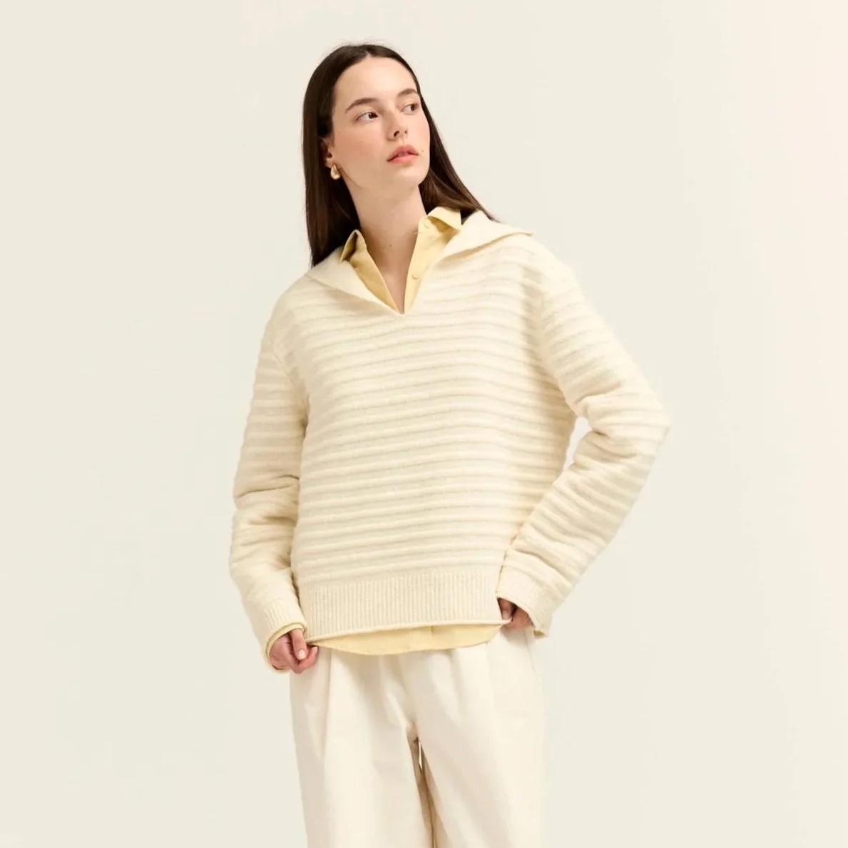Sailor Collar Textured Knit Pullover Ivory