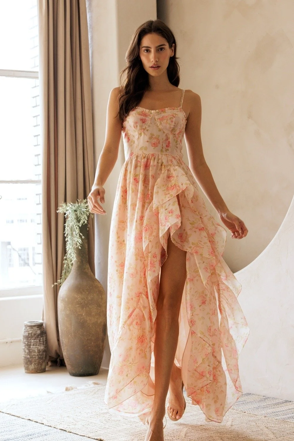 Ruffled Corset Maxi Dress Apricot Floral