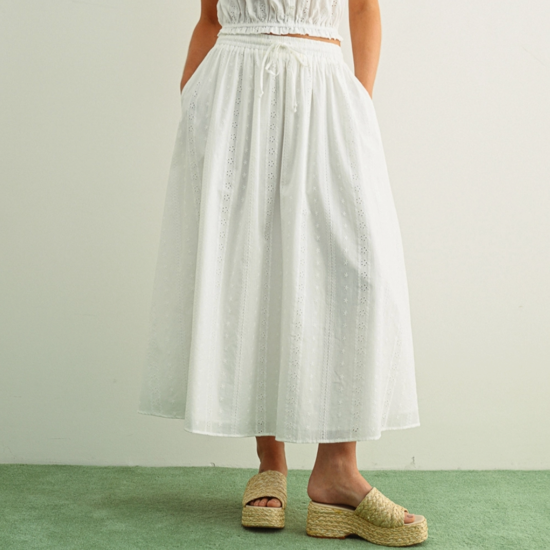 Embroidered Eyelet Full Midi Skirt White