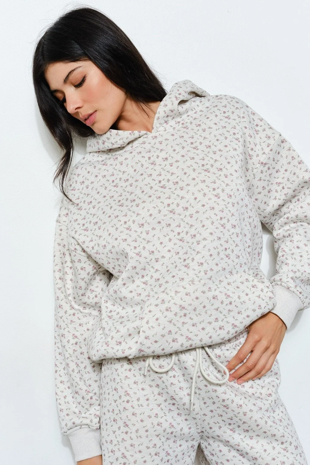 Mauve Ditsy Floral Print Hoodie Heather