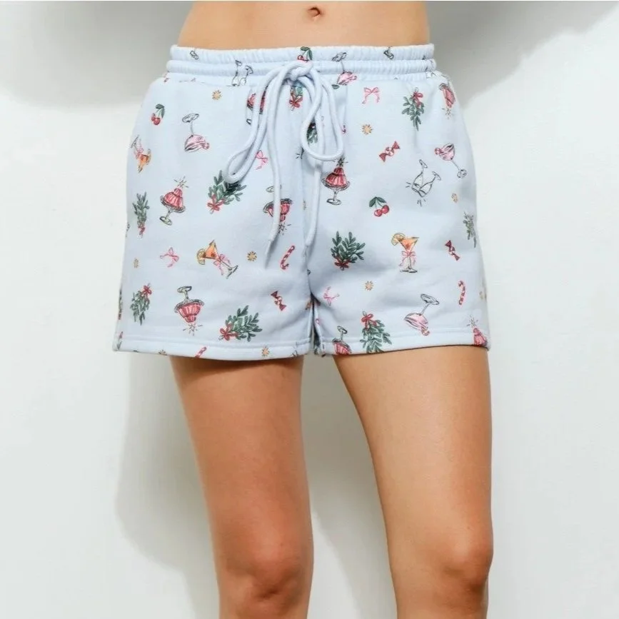 Retro Christmas Print Sweatshorts Baby Blue