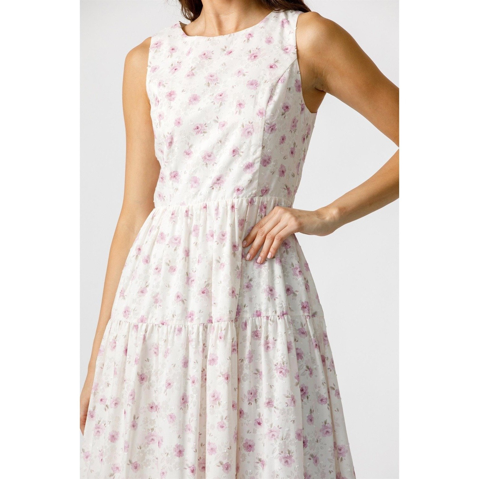 Swiss Dot Tiered Maxi Dress Ivory & Lilac Floral