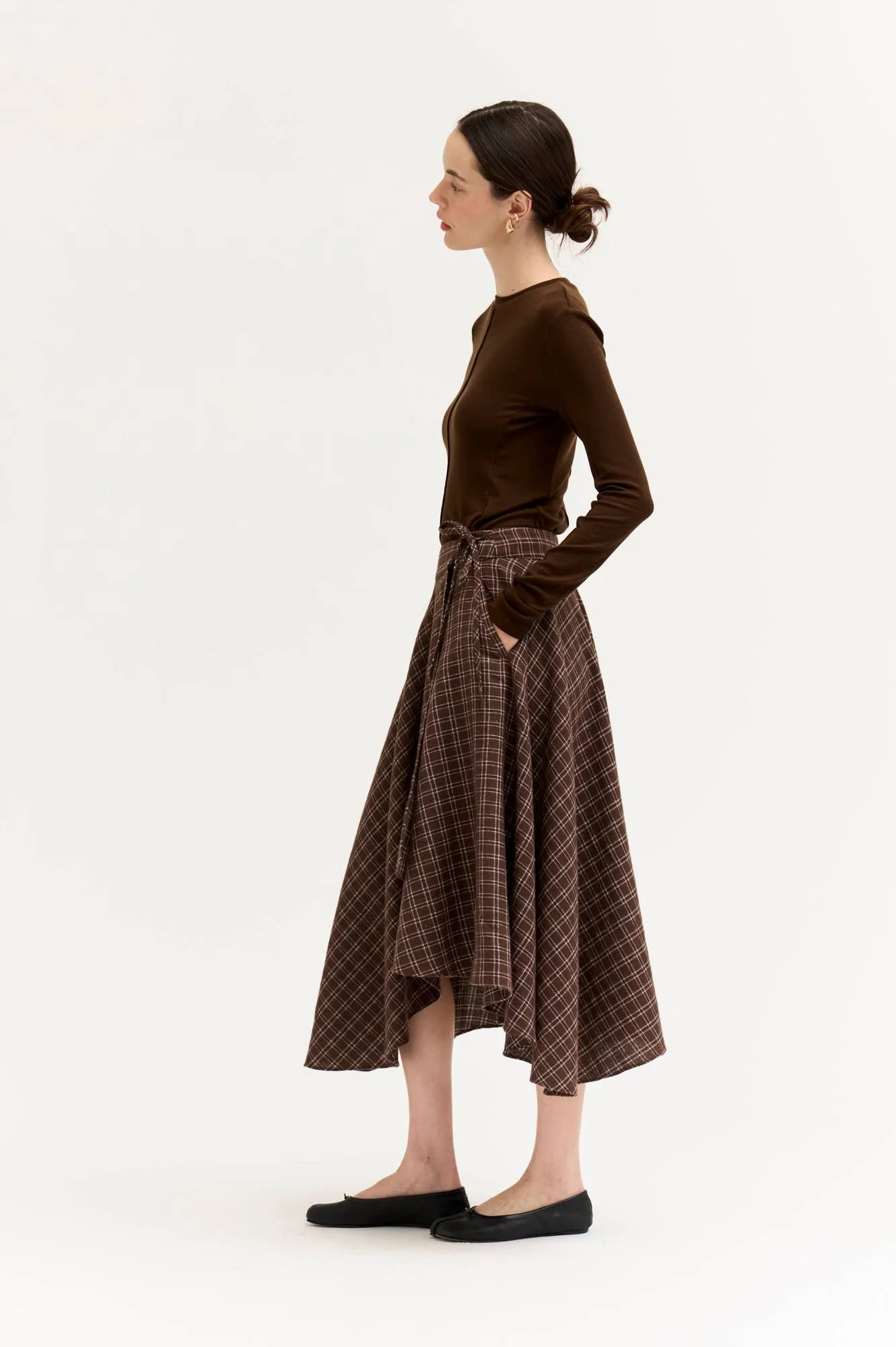 Unbalanced Flannel Wrap Skirt Chocolate Plaid