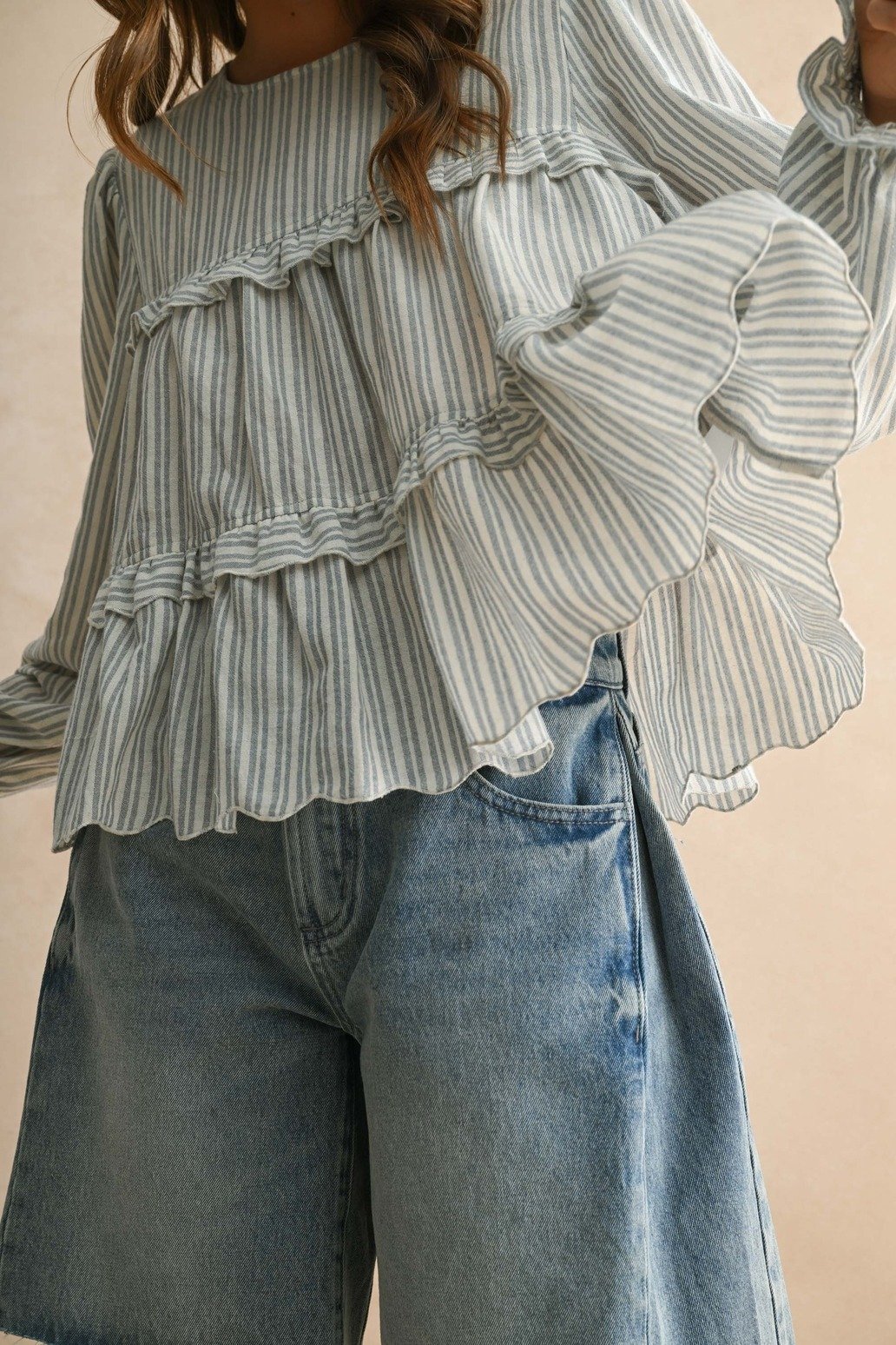 Button Back Ruffle Blouse Blue Stripe
