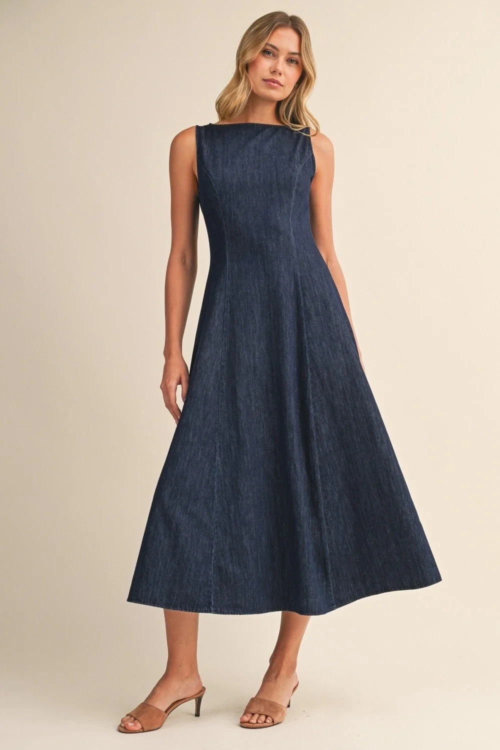 Boatneck Sleeveless Midi Dress Dark Denim