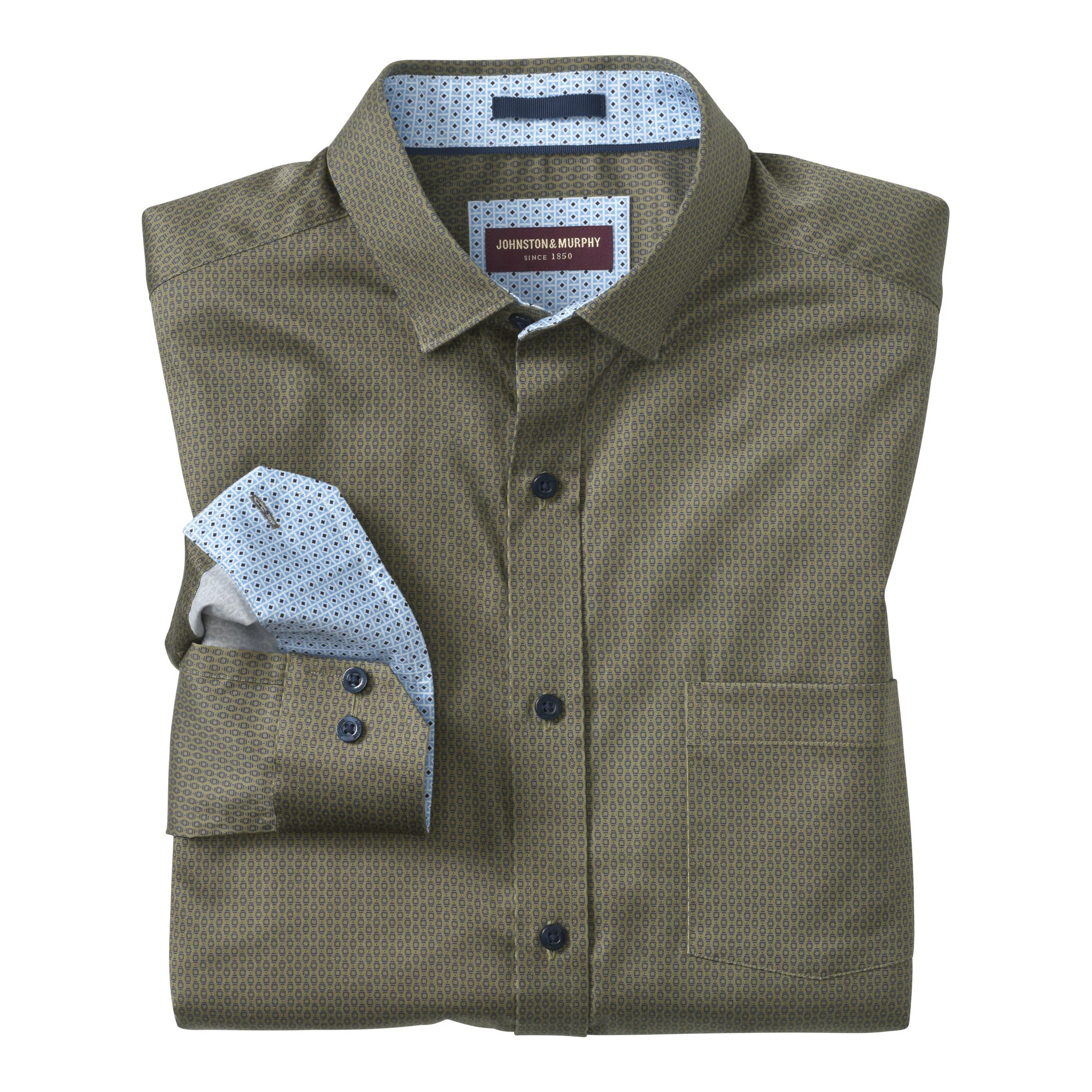 J&M Printed Cotton Shirt Olive/Navy Linked Oval