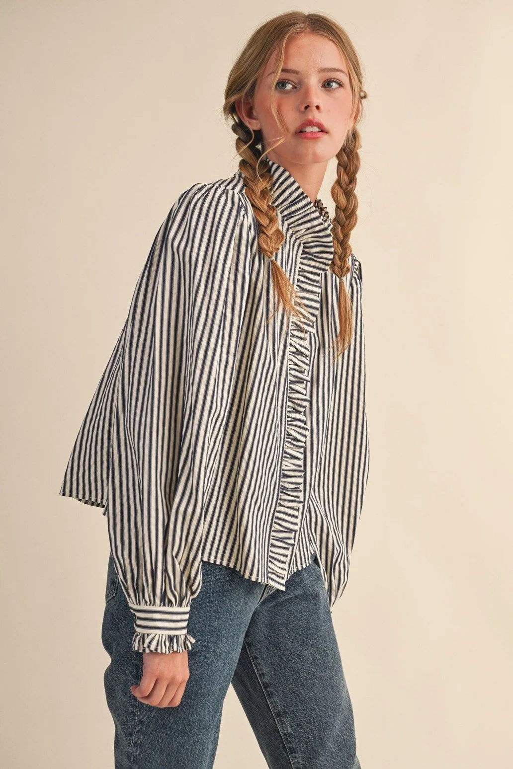 Ruffle Collar Button Front Blouse Black Ticking Stripe