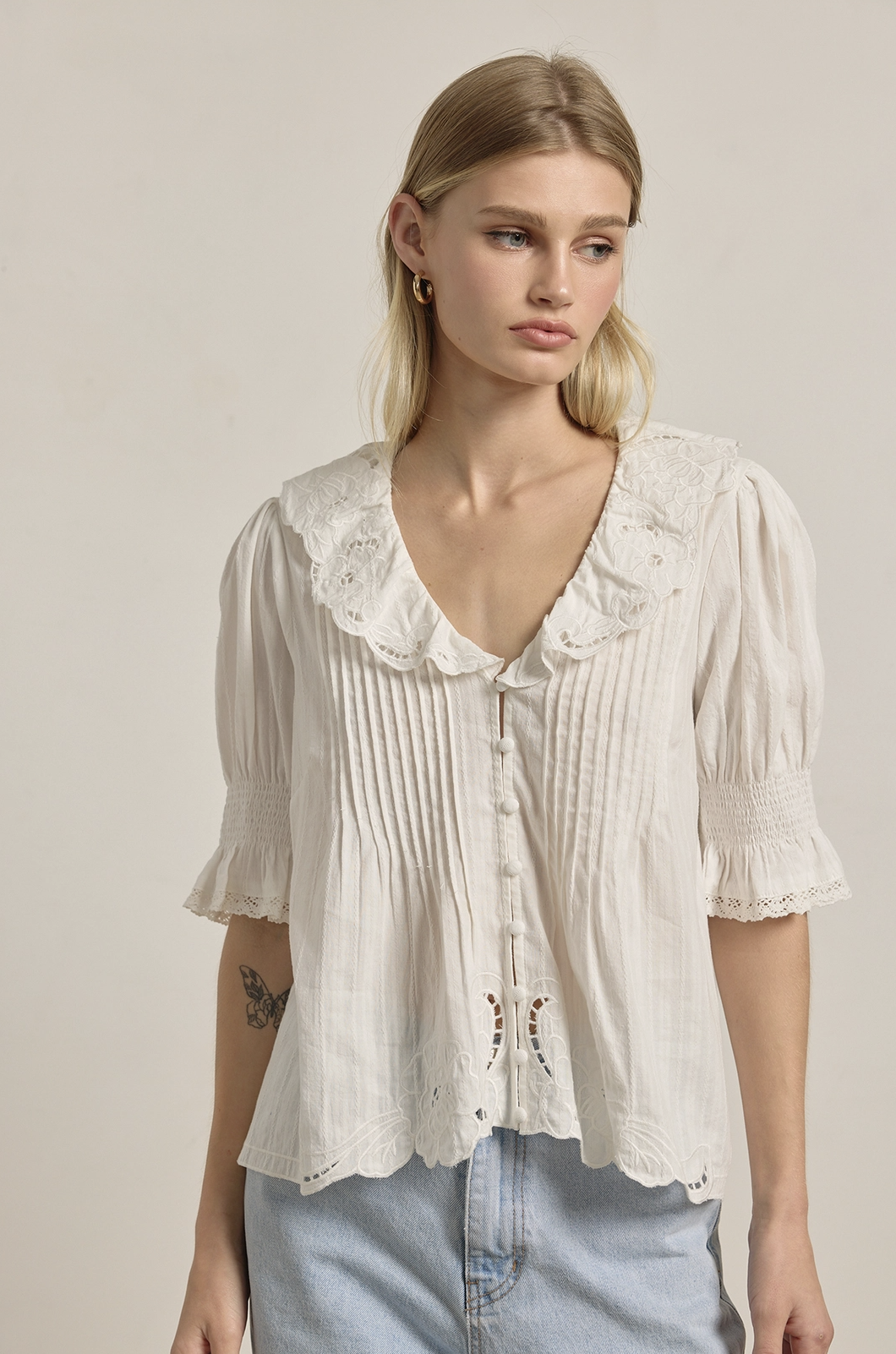 Embroidered Ruffle Collar Blouse - Ivory