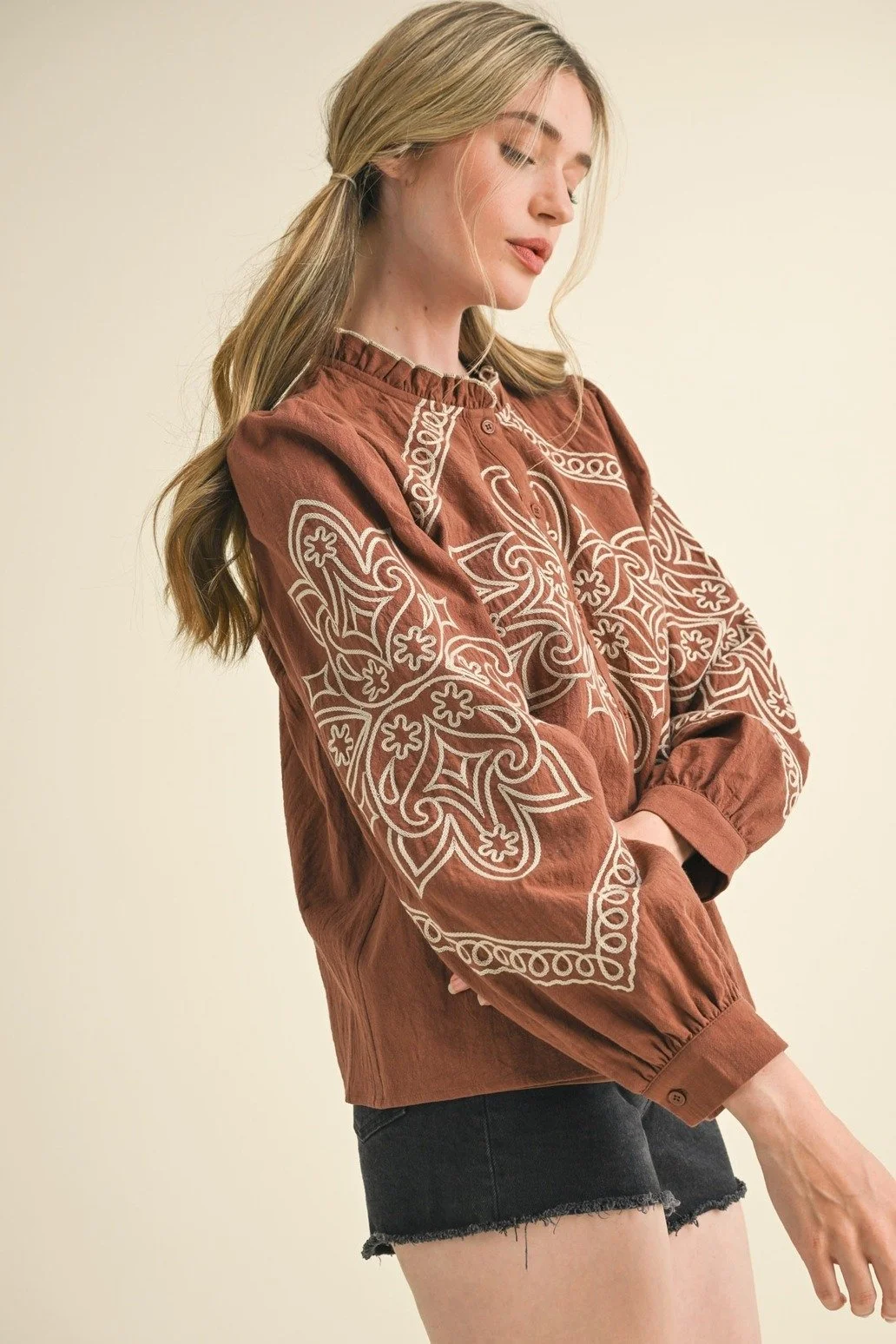 Western Embroidered Puff Sleeve Button Blouse Rust