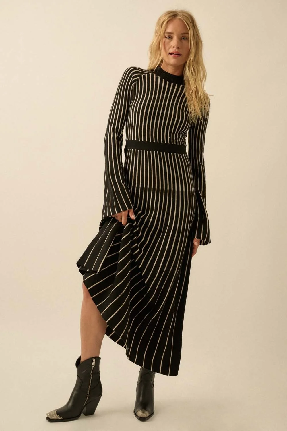 Striped Bell-Sleeve Maxi Sweater Dress Black & Cream