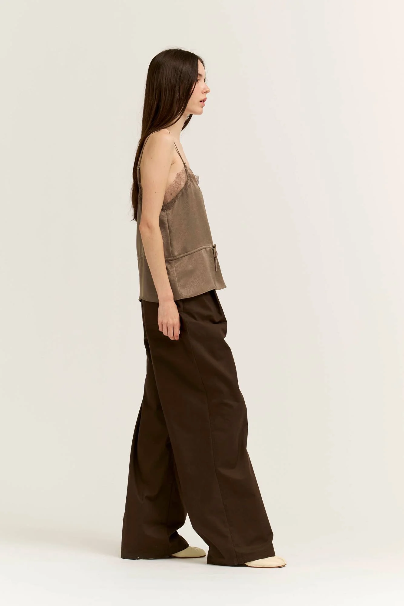 Crinkle Satin & Lace Slip Top Mushroom Taupe