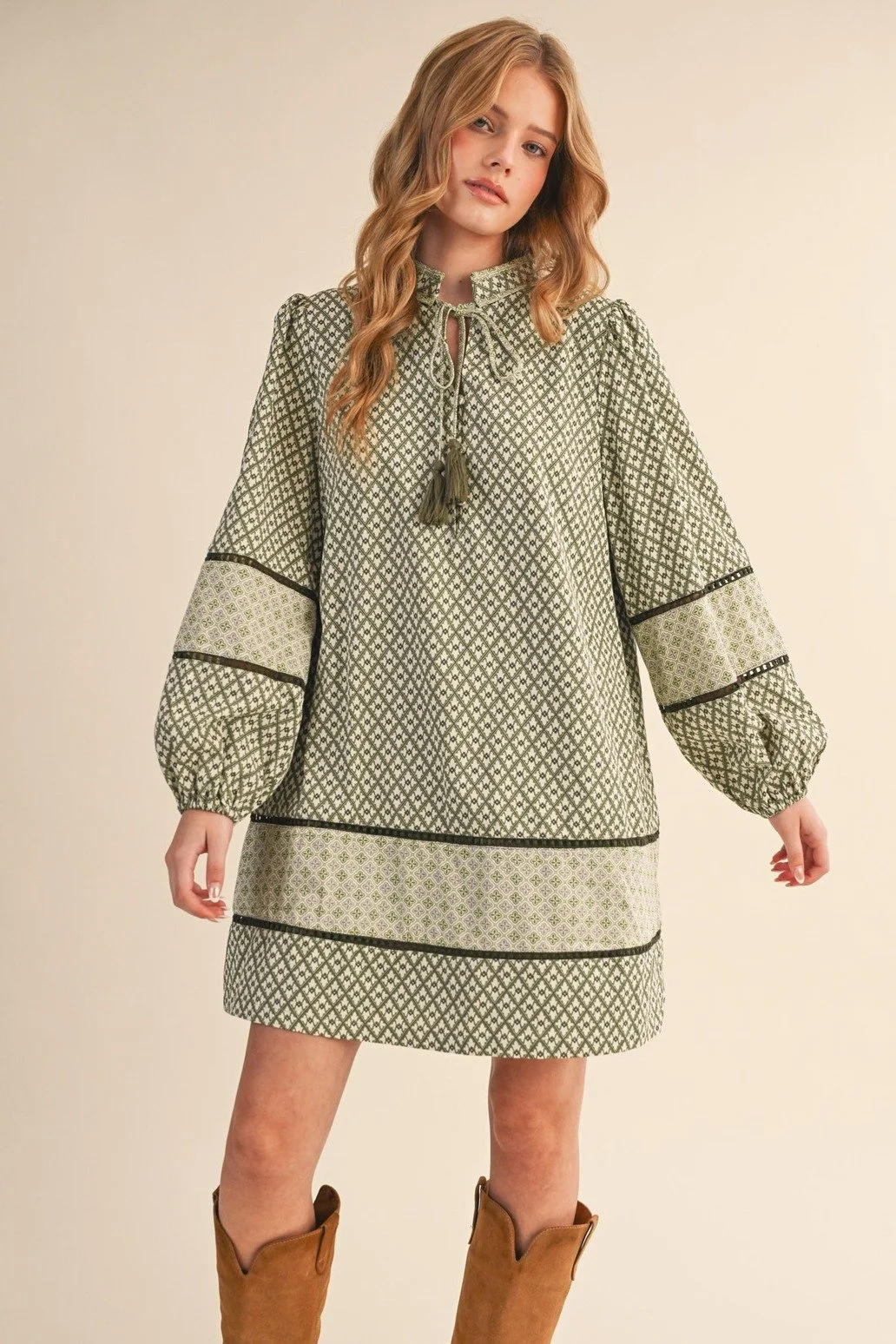 Tie Collar Mini Shift Dress Sage Olive Print