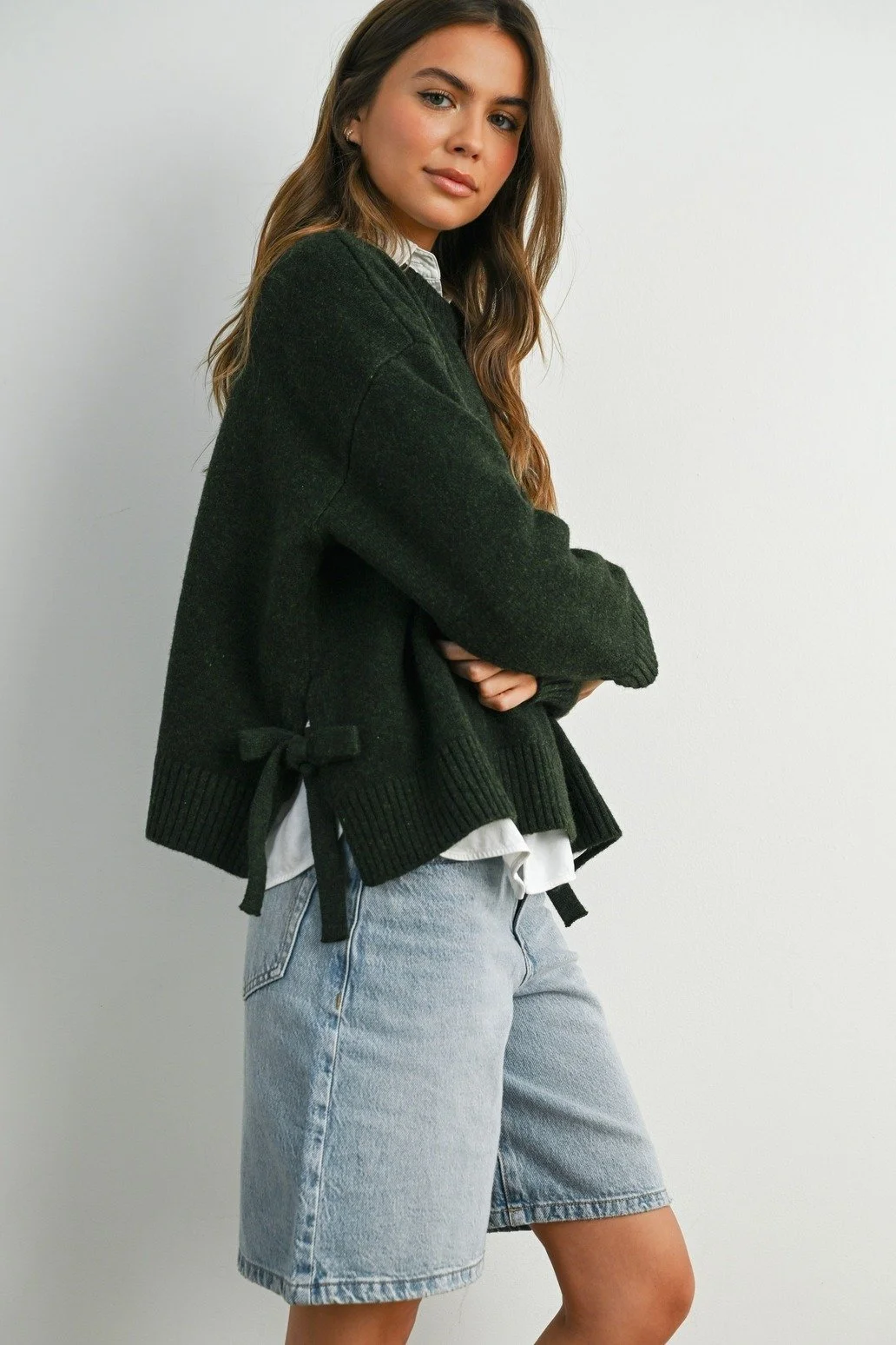 Side Bow Crew Neck Sweater Olive