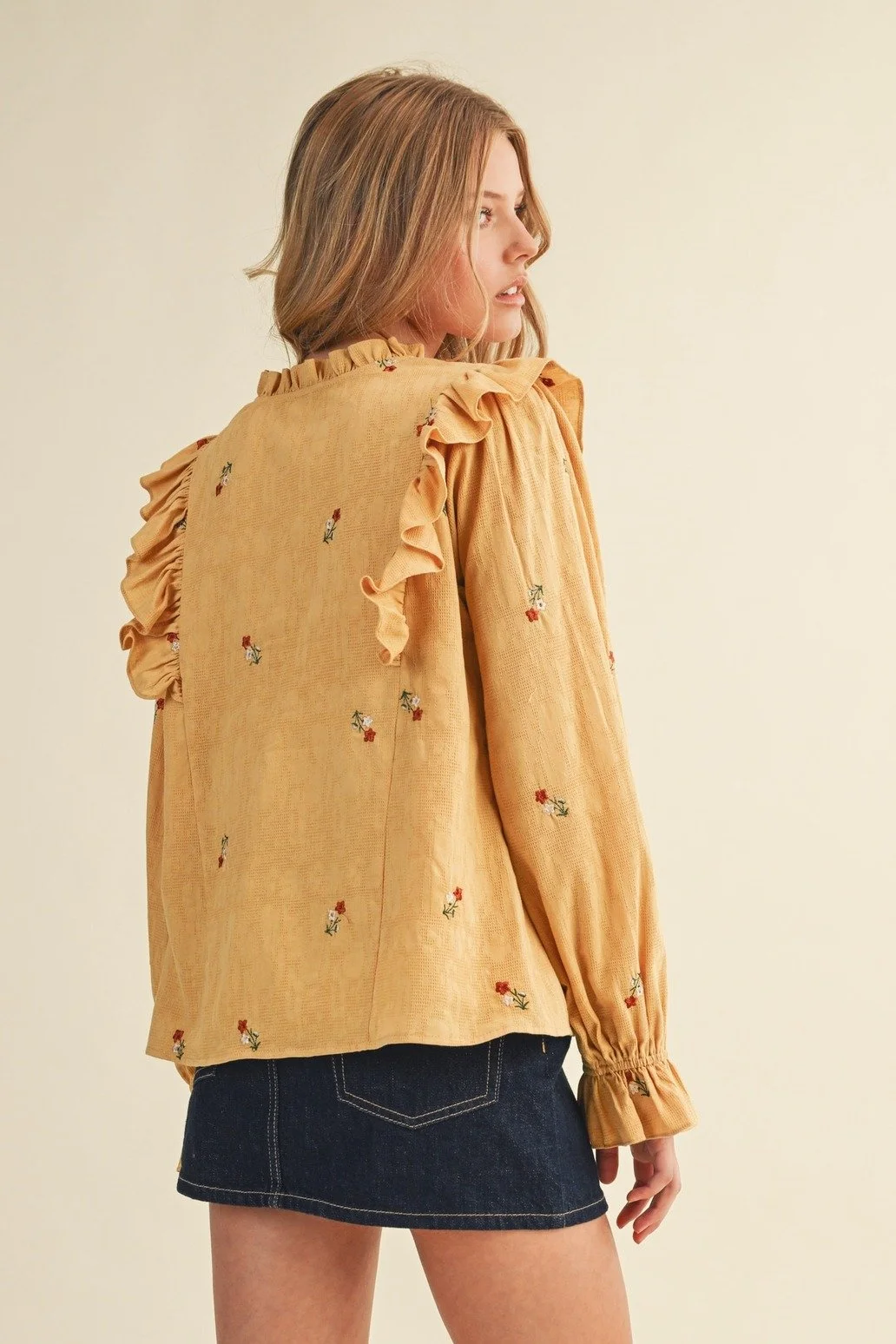 Ruffled Smocked Yoke Embroidered Blouse Mustard