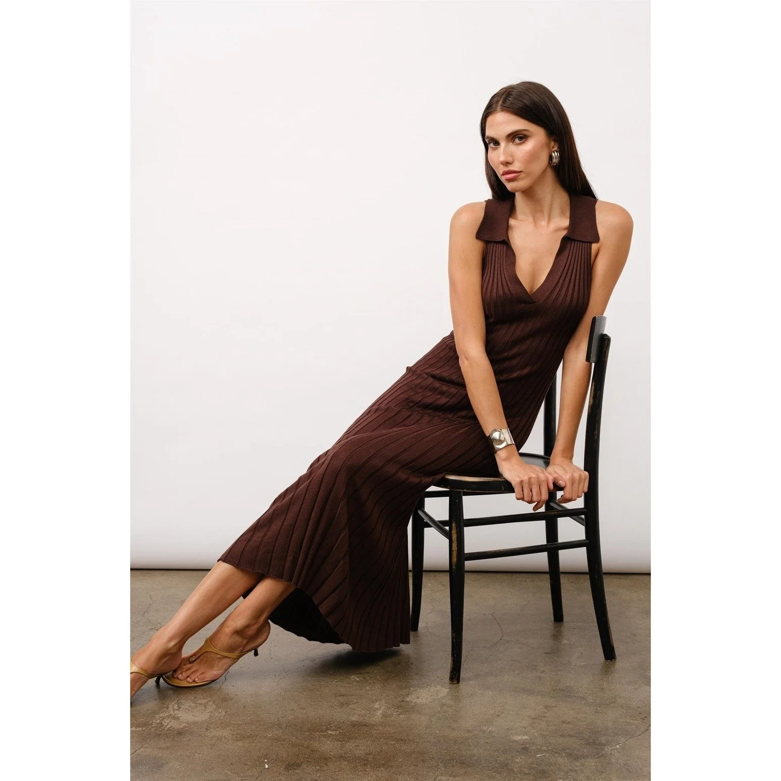 Solange Rib-Knit Collared Maxi Dress Brown Byron & Barclay Solange Rib-Knit Collared Maxi Dress Brown Byron & Barclay