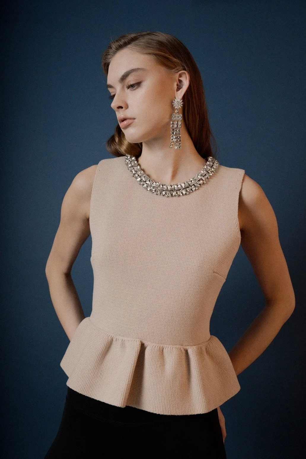 Jewel Trim Neck Peplum Knit Top Beige