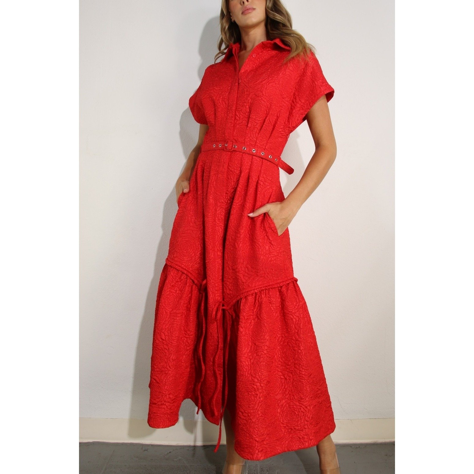 Floral Embossed Button Dress Red