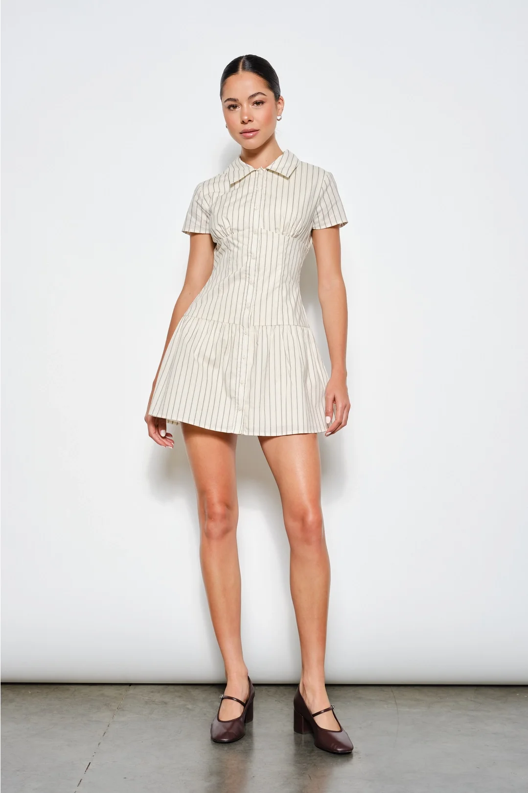 Loretta Shirt Mini Dress Beige Stripe