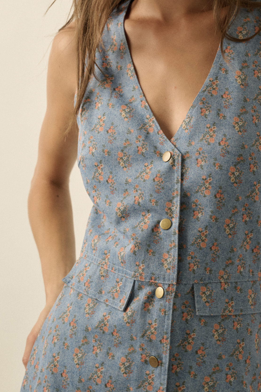 Sleeveless Vest Romper Denim Floral Print