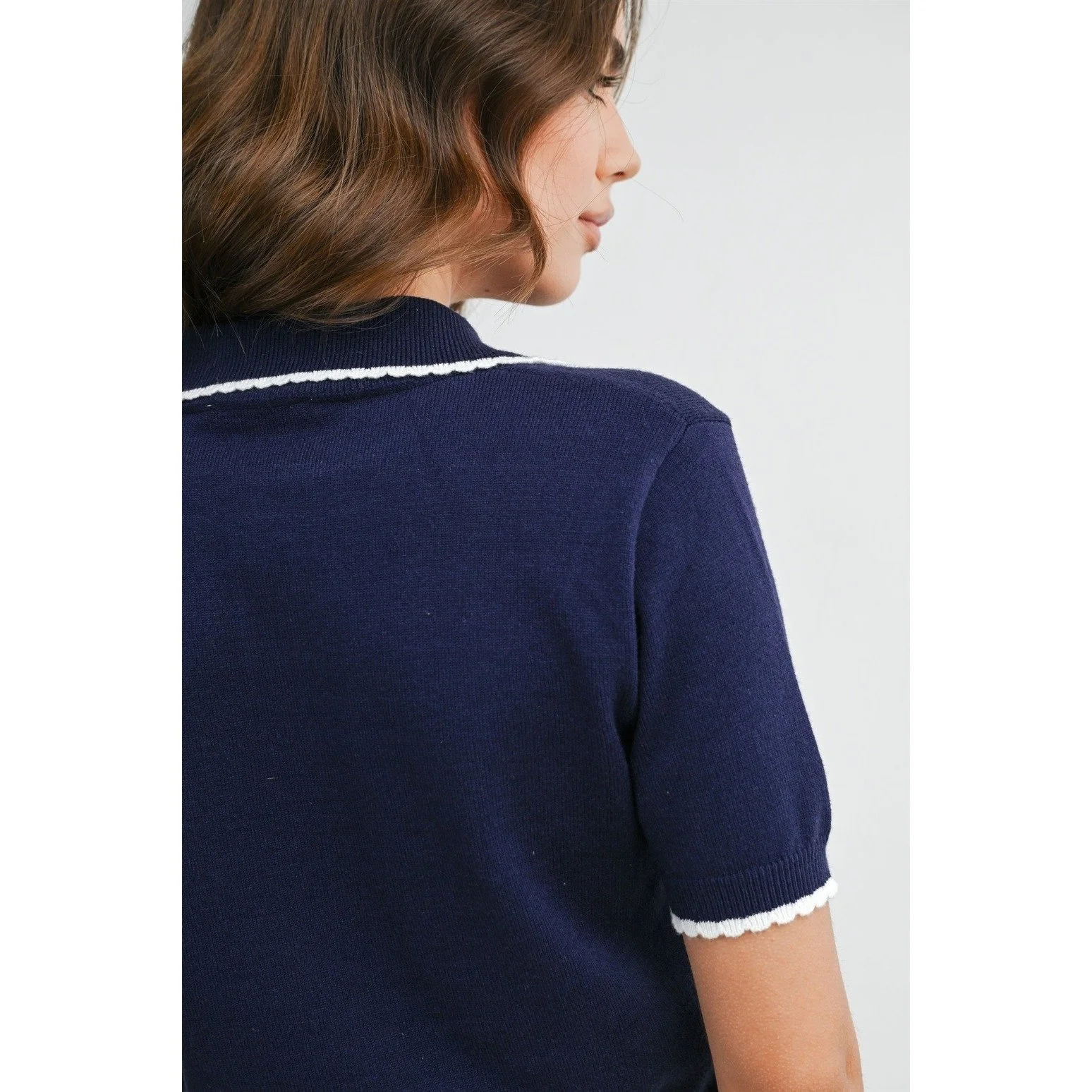 Scalloped Trim Knit Polo Navy