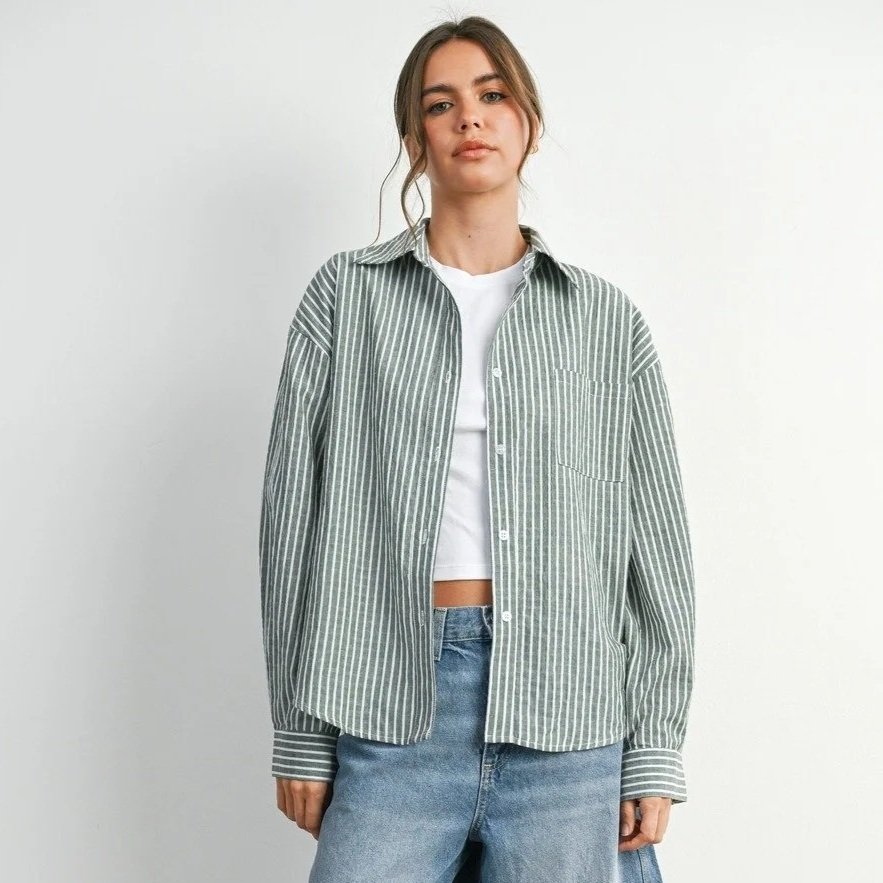 Collared Button Up Top Sage Stripe