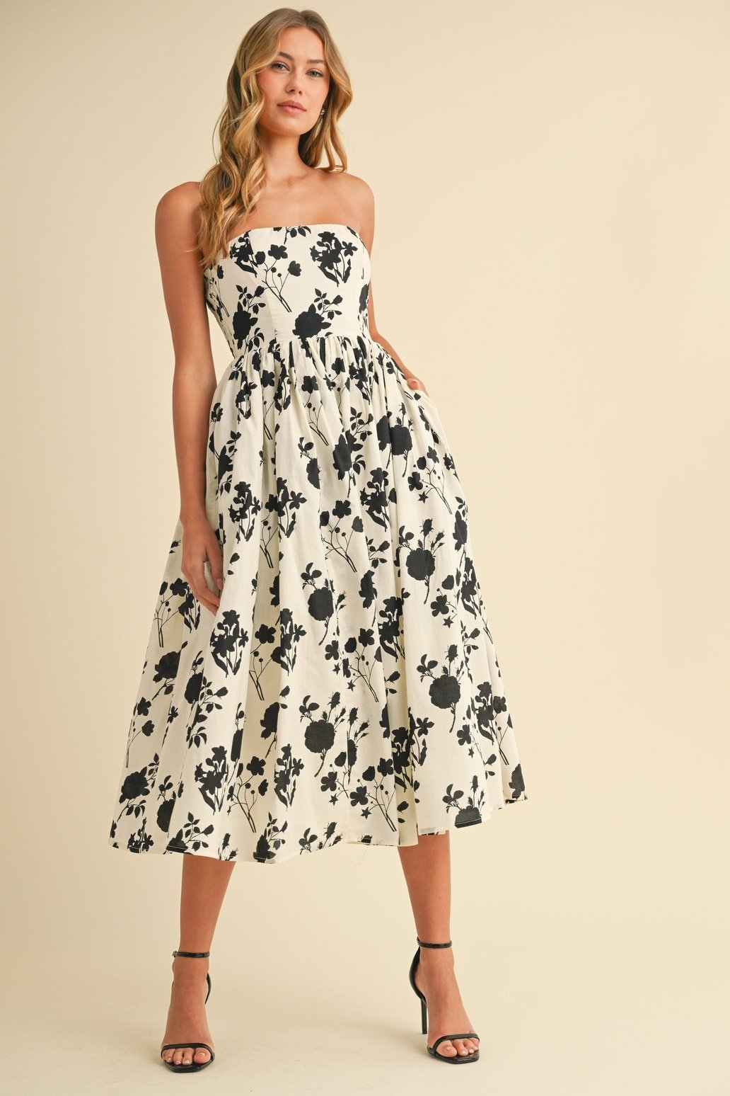 Strapless Tea Dress Ivory & Black Floral