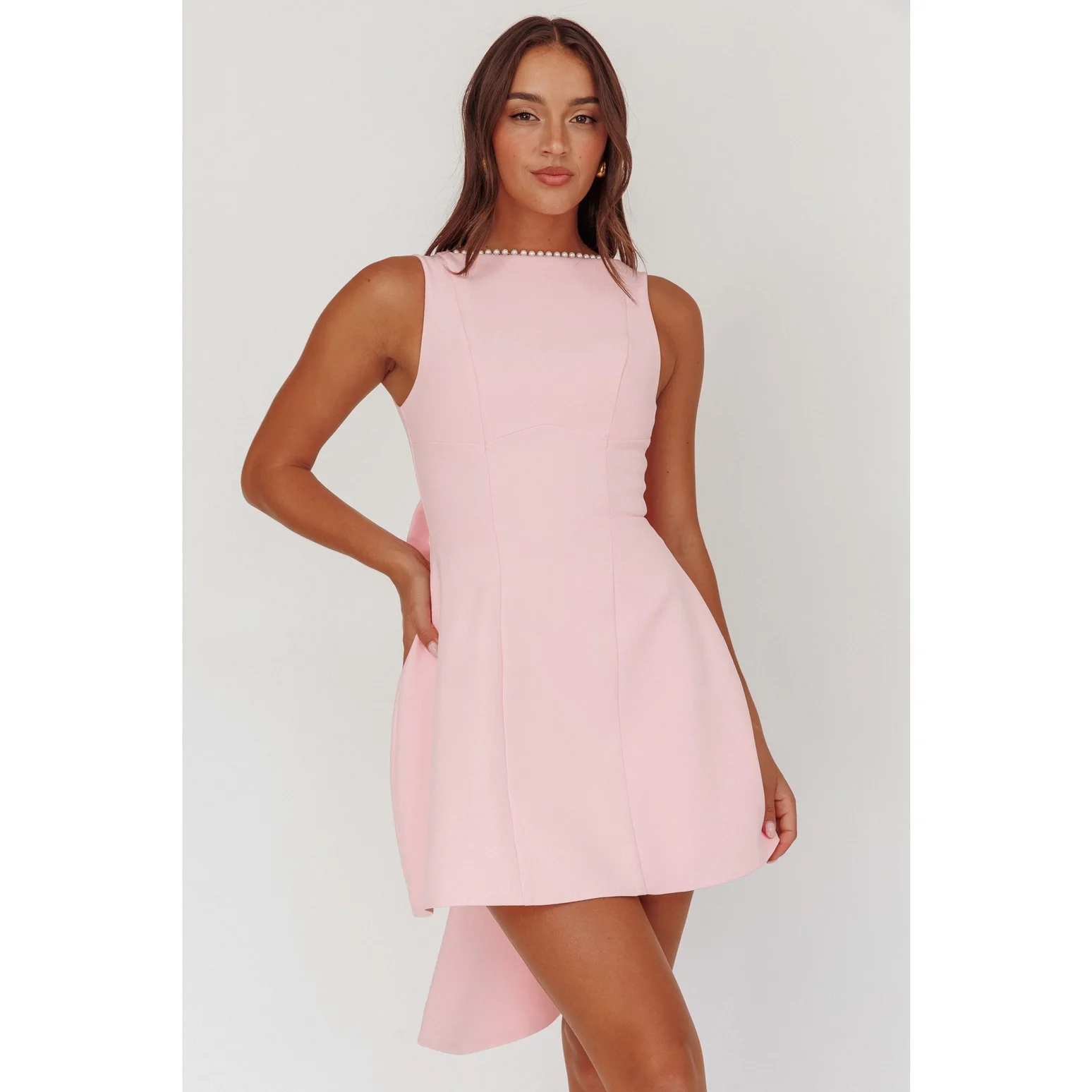 Boatneck Pearl Bow Mini Dress Pink