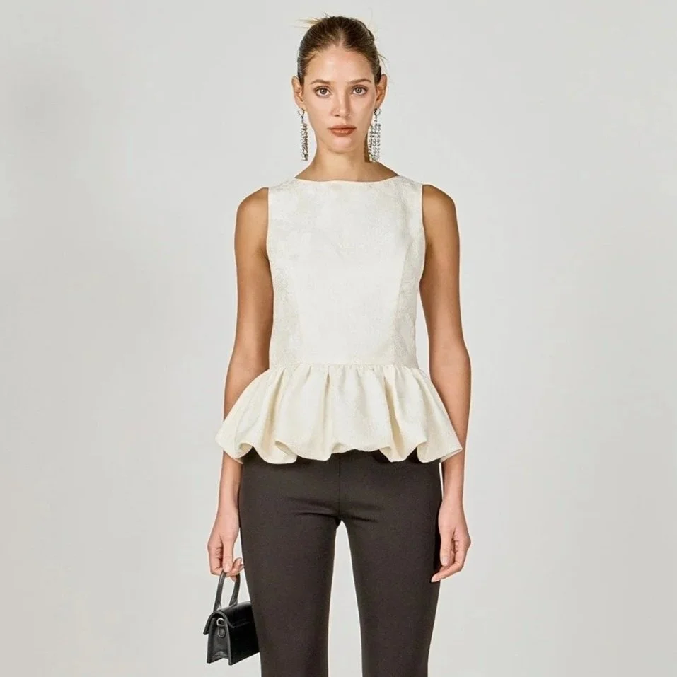 Jacquard Sleeveless Peplum Top Cream
