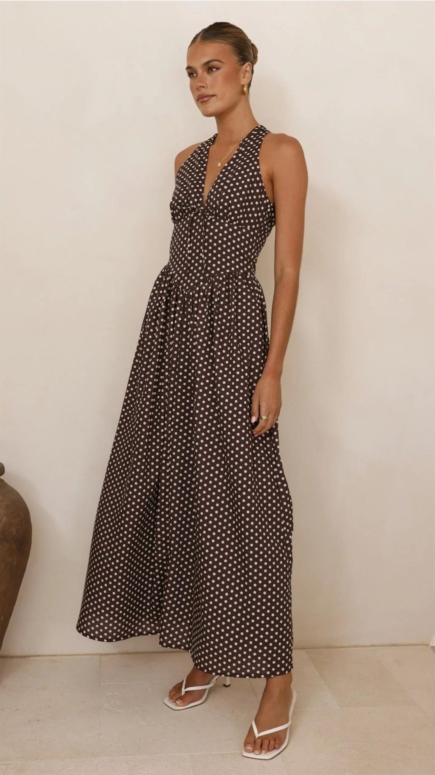 Halter V-neck Maxi Dress Chocolate Polka Dot