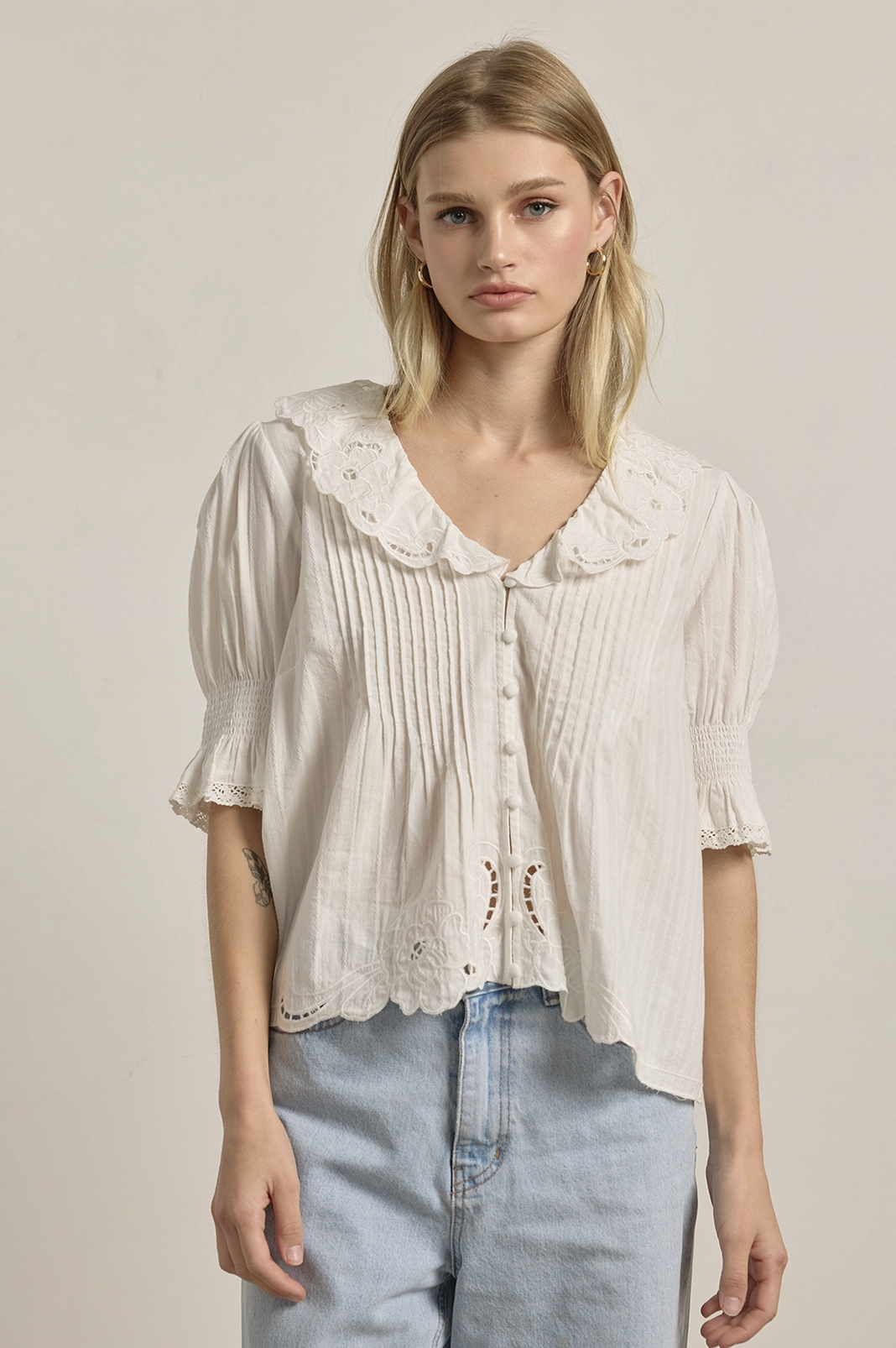 Embroidered Ruffle Collar Blouse - Ivory
