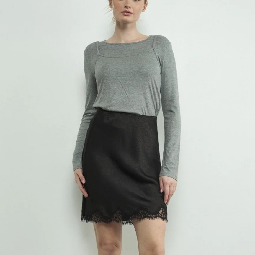 Lace Trim Mini Slip Skirt Black