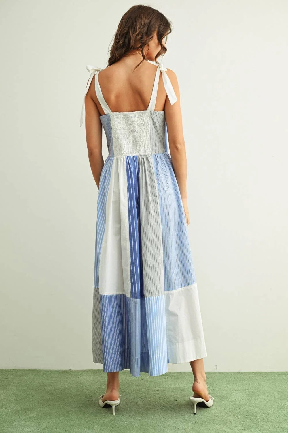 Printed Patchwork Midi Dress Blue Striped
