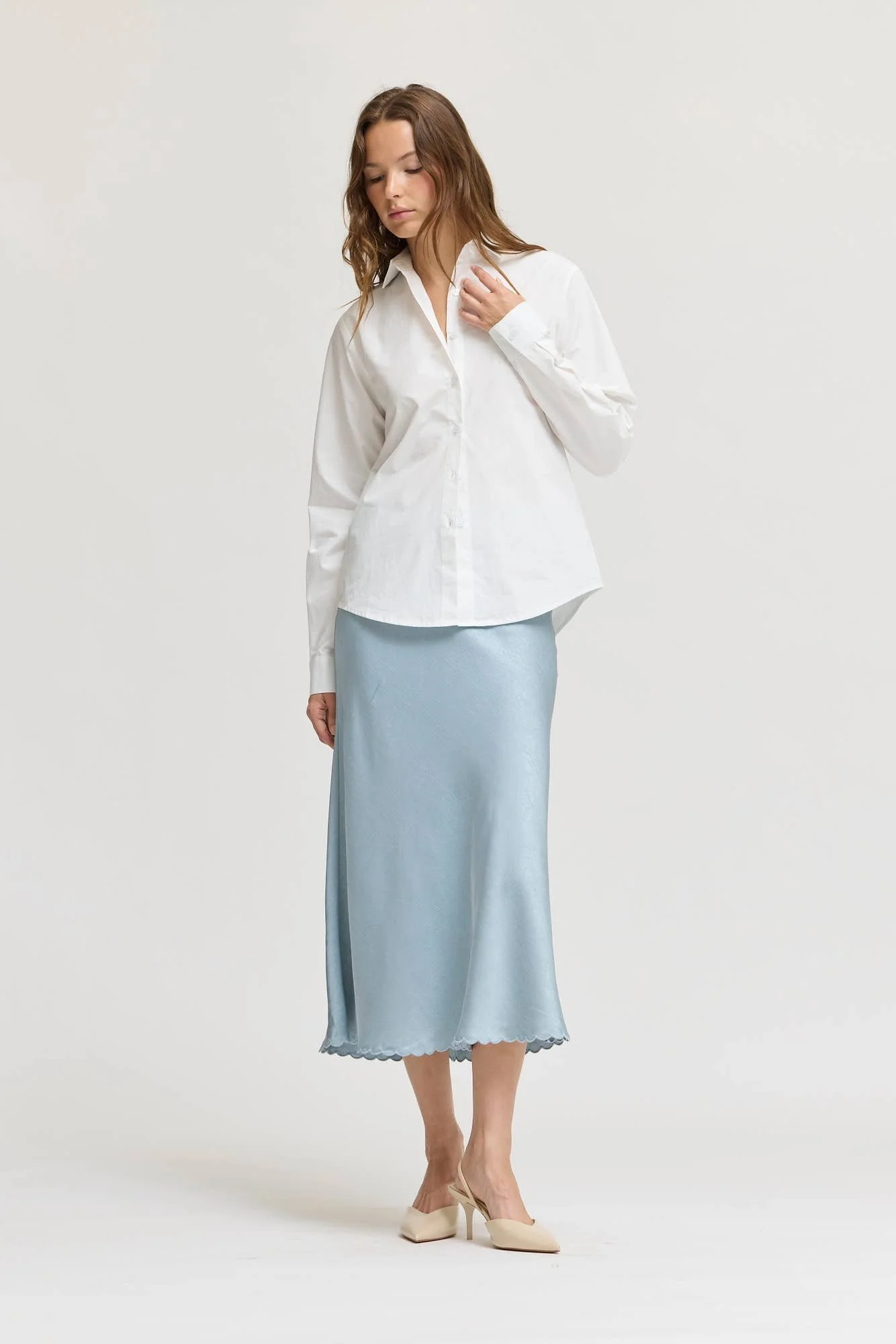 Scallop Hem Bias Slip Skirt Dusty Blue