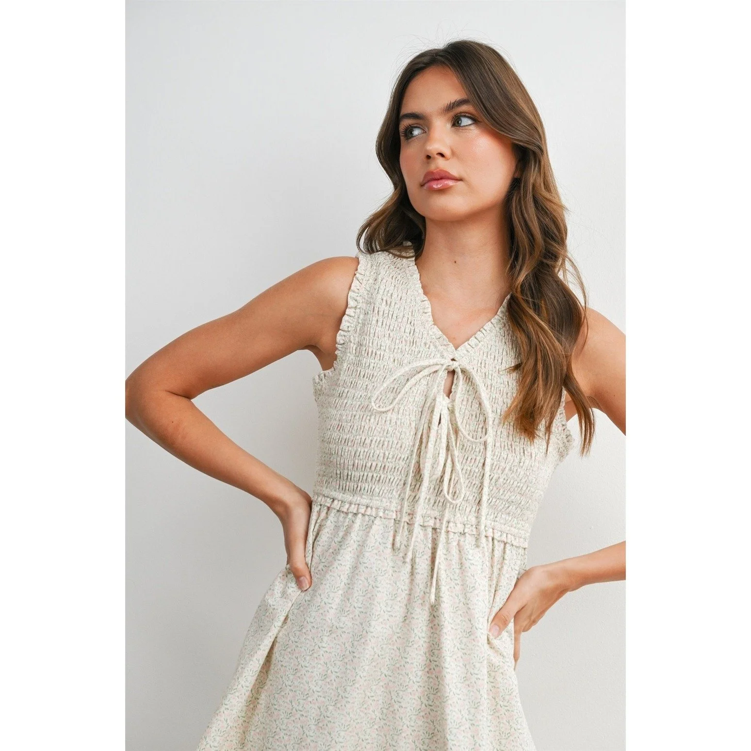 Smocked Tie Front Mini Dress Blush Floral