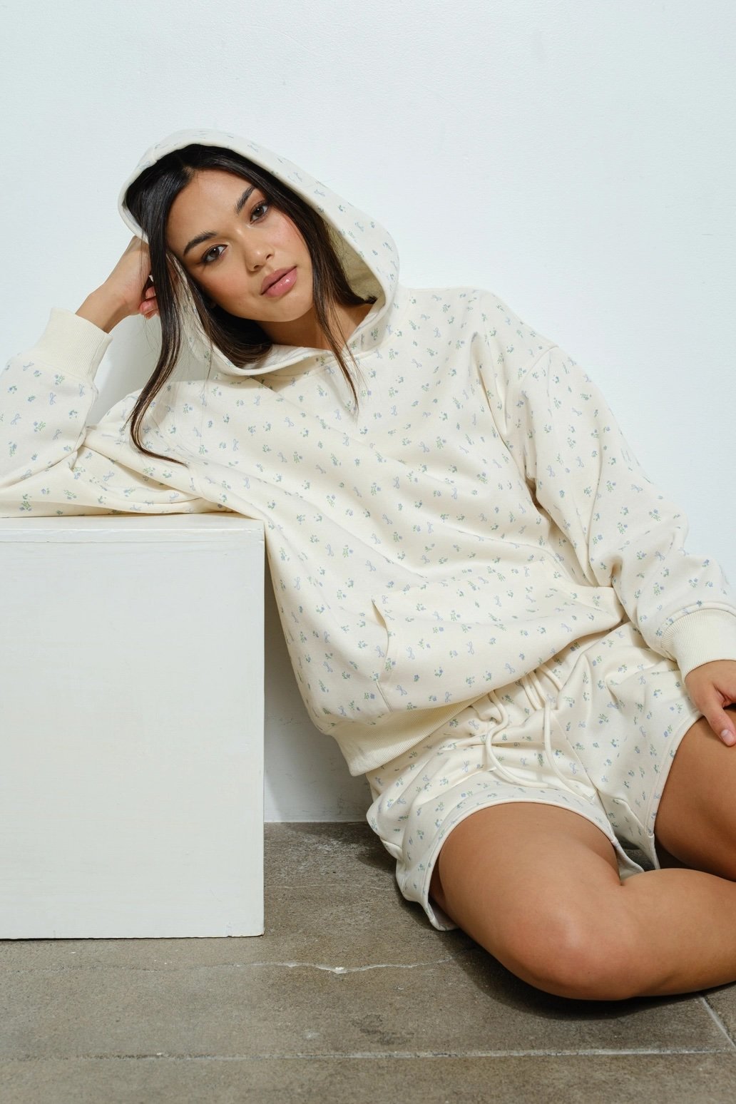 Floral Bow Print Hoodie Baby Blue (Copy)